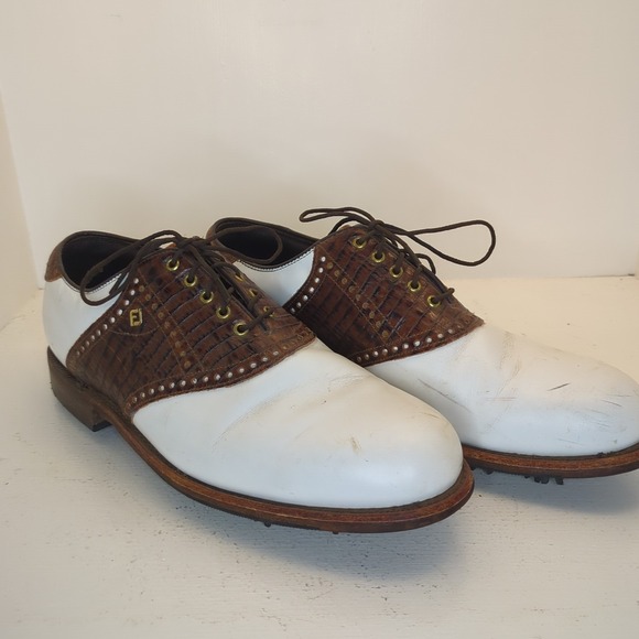 FootJoy 50355 Men's FJ Originals Golf Shoes White/Brown Size 10 B W/ Spikes